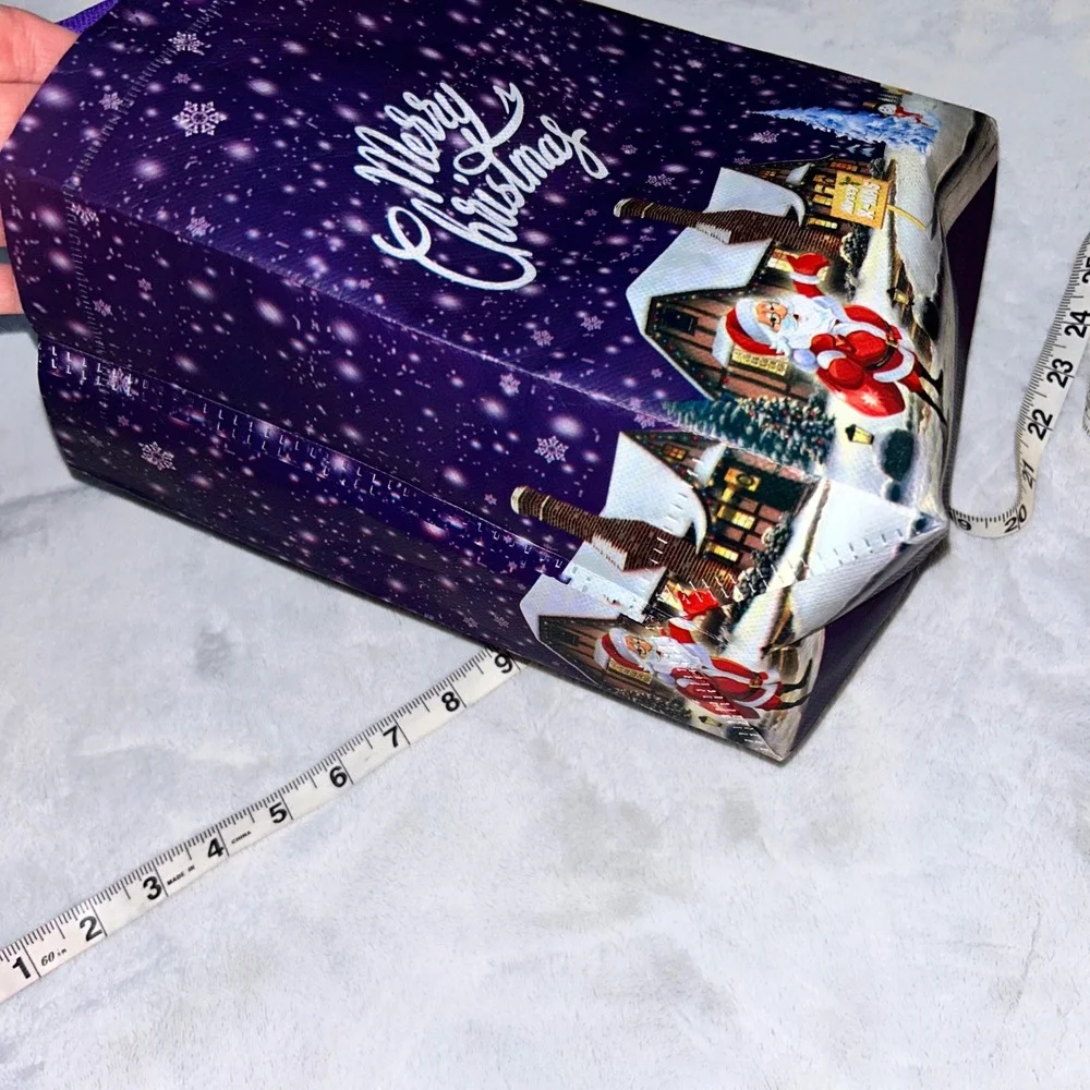 Purple Merry Christmas Reusable Gift Bag Santa Claus Winter‎ Scene Tote